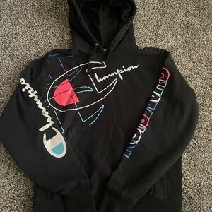 Champion Black Hoodie with Multicolor Logo